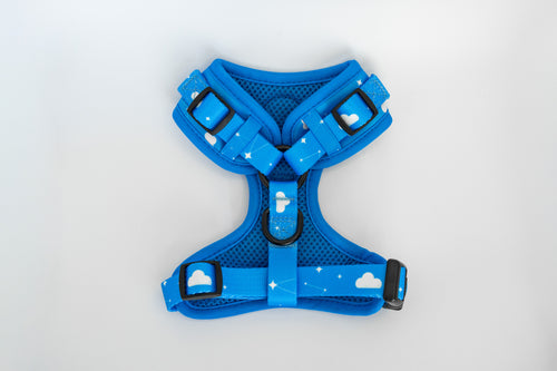 Blue dog harness with cloud designs on a light gray background